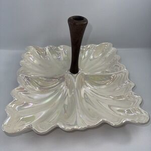 Vintage Maddux Ceramic Tidbit Tray: Iridescent with Wood Centerpiece MCM
